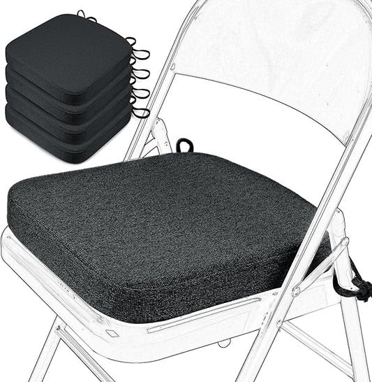 SINOSSO Memory Foam Chair Cushions for Folding Chairs 4 Pack, Thickened 2" Square Pads with Ties for Kitchen Chairs, Indoor Non-Slip Dining Chair Seat Cushions (Set of 4, Black)