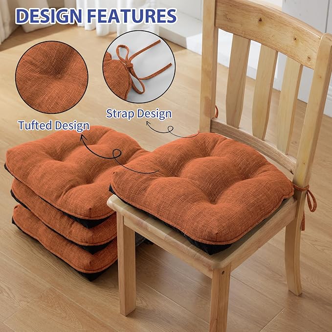 IPYNBAP Chair Cushions for Dining Chairs Set of 6, Kitchen Chair Cushions, Chair Pads with Ties and Non Slip Backing, Tufted Memory Foam Seat Cushion 6 Pack, 15.5" x 15.5" x 4", Orange