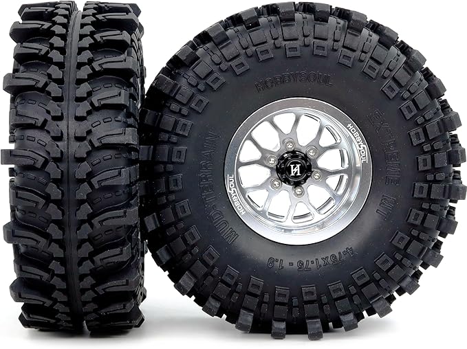 HOBBYSOUL 4pcs 1.9 Beadlock Wheels and Tires 121mm Tall, -10.5mm Negative Offset 1.9'' Rims and tyre for 1/10 RC Crawler SCX10 TRX4 Gen8 Upgrades
