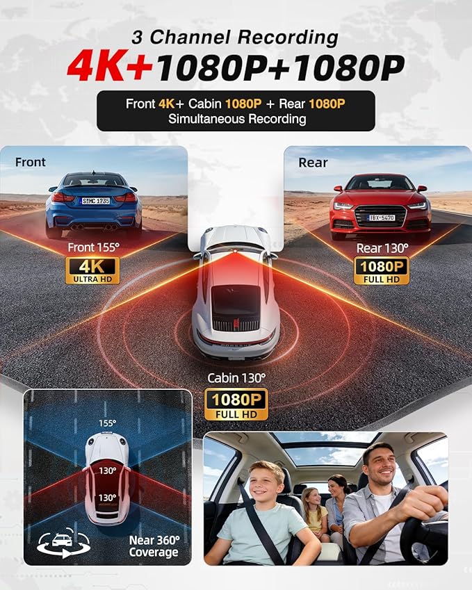 3 Channel Dash Cam Front and Rear, 4K Dash Camera for Cars STARVIS 2 HDR Night Vision, 24H Parking Mode, 64GB Card Included, Dashcam Built-in 5.8GHz WiFi GPS,170°Wide Angle, G-Sensor Emergency Lock