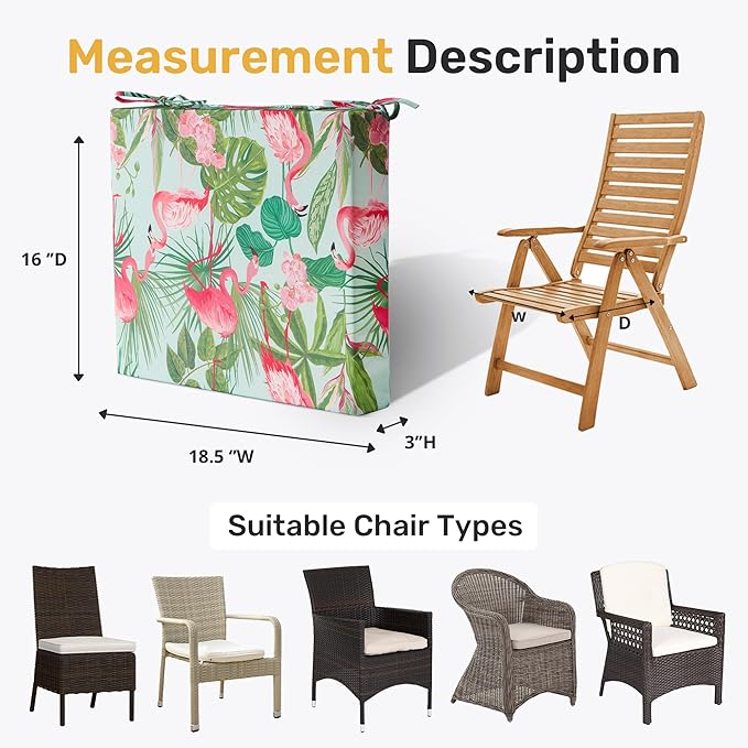 UNIKOME Outdoor Chair Cushions Pack of 4, Water Resistant Patio Cushions with Ties, High Density Sponge Filling Square Corner Seat Cushions for Outdoor Furniture, 18.5"*16"*3", Flamingos