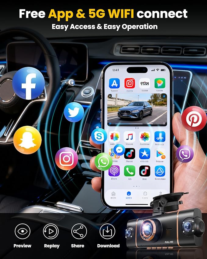 4 Channel 360° Dash Cam Front Rear Inside and Left Right, 4K+1080P*3 FHD Car Camera, 5GHz WiFi and App Control, 24H Parking Mode, 8 IR Lamps Night Vision, Includes 64GB SD Card, Black