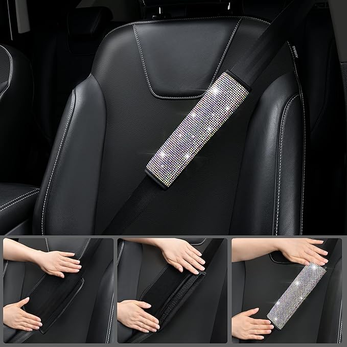 CAR PASS Bling Diamond Leather Seat Covers Sets 12pcs Shining Car Accessories Set for Women, Sparkly Rhinestone Steering Wheel Cover, Glitter Cute Crystal for Women Girl, Bedazzed Multicolor Diamond