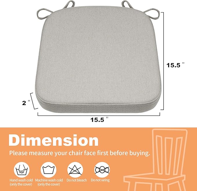 SINOSSO Memory Foam Chair Cushion for Folding Chair 1 Pcs, Thickened 2" Square Kitchen Chair Pad with Ties, Indoor Non-Slip Dining Chair Seat Cushion (1 Piece, Light Grey)