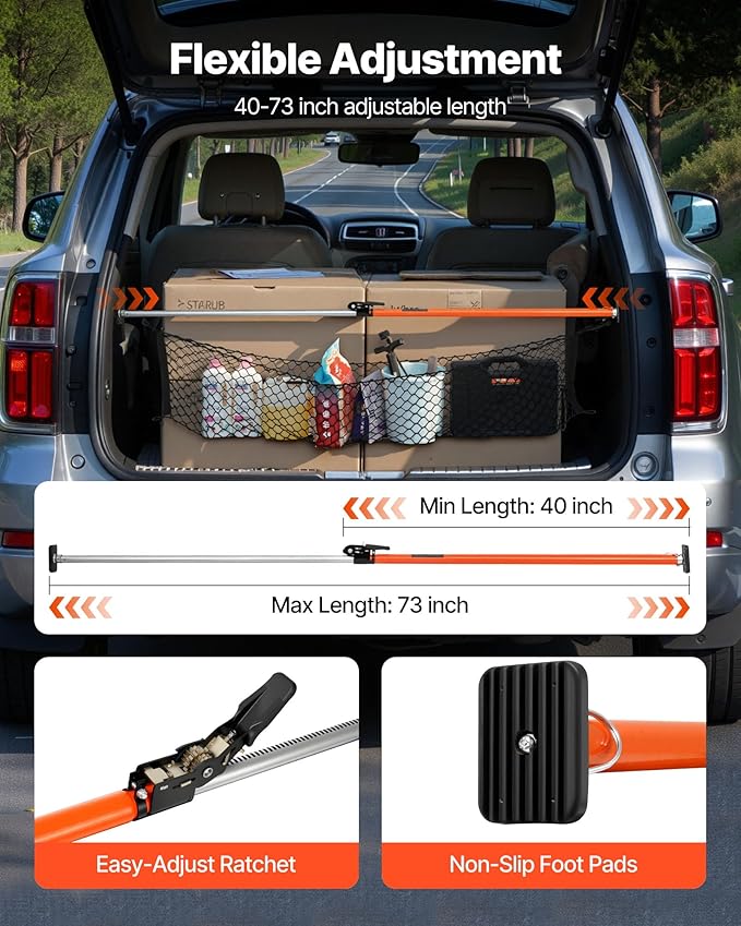 VEVOR Cargo Bar, Cargo Bar Adjustable from 40" to 73", Heavy-Duty Steel Cargos Stabilizer with Storage Net & Non-Slip Foot Pads, Telescoping Load Lock Bars Stop Sliding for SUVs, Sedans