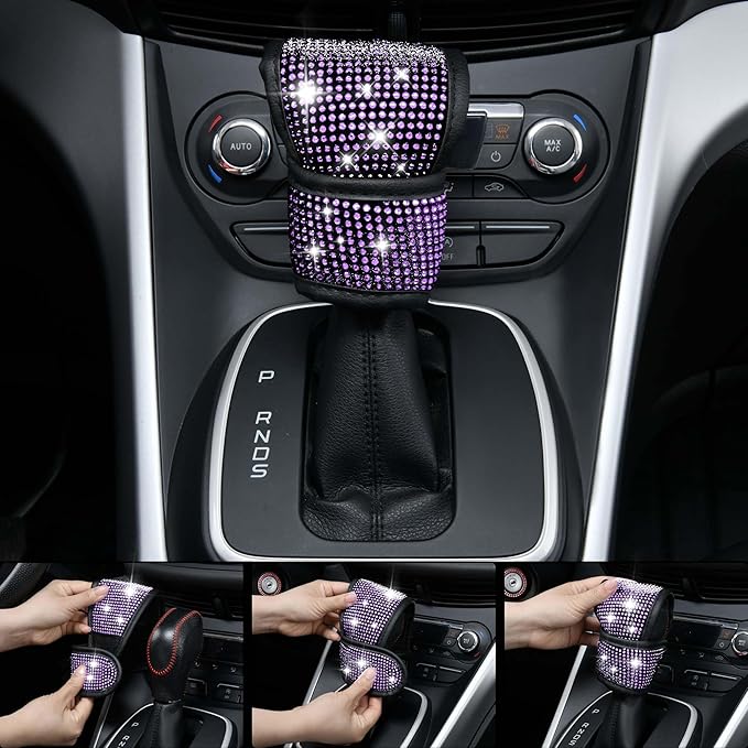 CAR PASS Bling Diamond Leather Car Seat Covers 11 PCS, Sparkly Rhinestone Steering Wheel Cover Glitter Cute Interior Car Accessories Sets Seat Belt Cushion Cup Holder Coaster Women Girl, Violet Purple