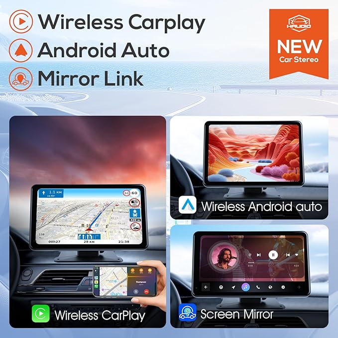 Haudio 7" Wireless Apple CarPlay Screen for Car, Portable Car Radio with Carplay & Android Auto, 1080p Backup Camera, GPS, Mirror Link, Voice Control, FM Transmission, Support SD/TF Interface