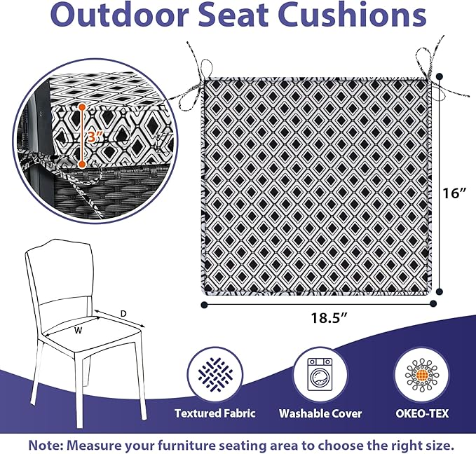 IPYNBAP Outdoor Chair Cushions Set of 4 -Waterproof Outdoor Seat Cushions for Patio Furniture, Patio Chair Cushion with Handle and Ties, Out Door Chair Pads,18.5x16x3-Square, Black Geometry
