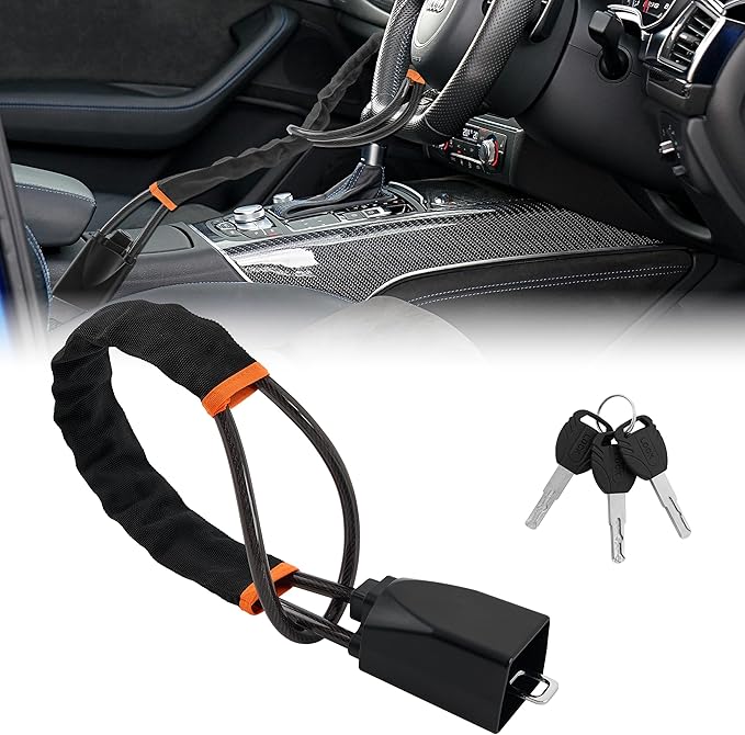 Car Steering Wheel Lock, 1 Pack Anti Theft Car Device with Max 17” Locking Length, Thickened Steel Wire, and Fine Stitched Edges, 3 Keys Included, Easy to Store, Fits Most Vehicles, SUVs（Black）