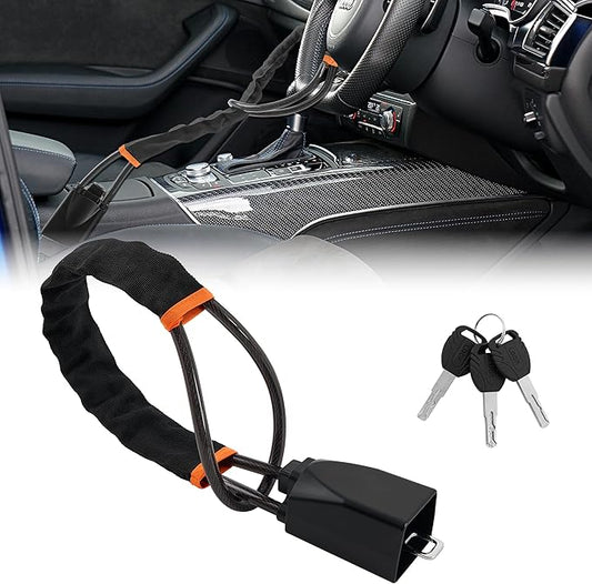 Car Steering Wheel Lock, 1 Pack Anti Theft Car Device with Max 17” Locking Length, Thickened Steel Wire, and Fine Stitched Edges, 3 Keys Included, Easy to Store, Fits Most Vehicles, SUVs（Black）