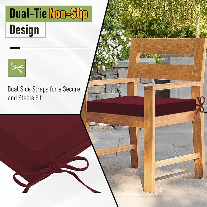 Basic Beyond Outdoor Chair Cushions Set of 2, Square Corner Outdoor Cushions for Patio Furniture, Water Resistant Patio Chair Cushions with 2 Ties, 18.5x16x3, Burgundy