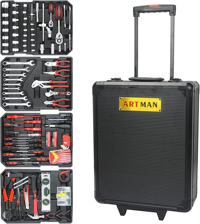 Rolling toolset case-899pcs Home Repair Tool Set Kit,Tool Trolley Case with Socket Wrench Hand Tool Set(4 Drawers), General Household Tool Kit with Rolling Toolbox, Tool Kit case on wheels