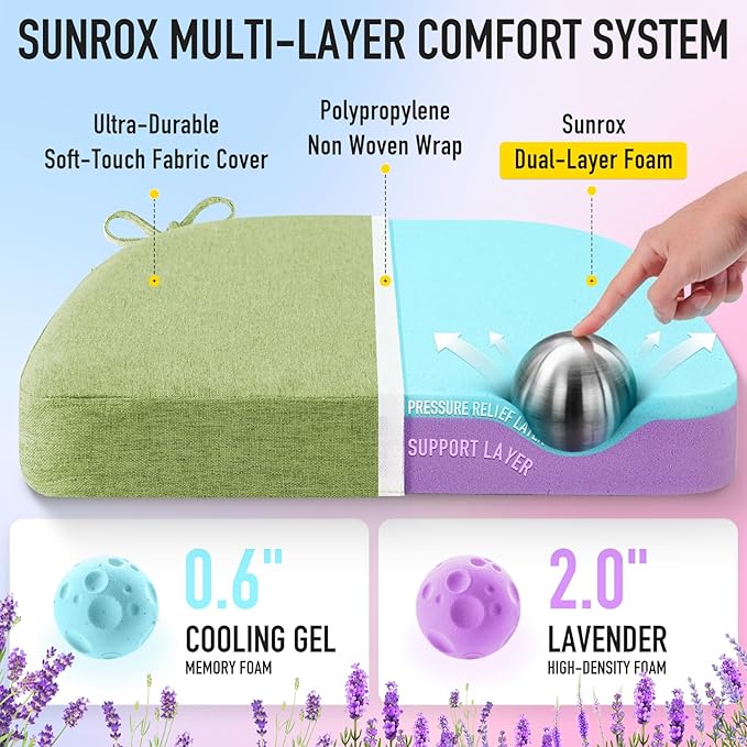 SUNROX Cooling Gel Memory Foam Chair Cushions, 2.6" Thick U-Shaped Dual-Layer Comfort Dining Chair Pads, Non Slip Seat Cushion with Ties for Indoor Kitchen Office 17"x16" Set of 8, Apple Green
