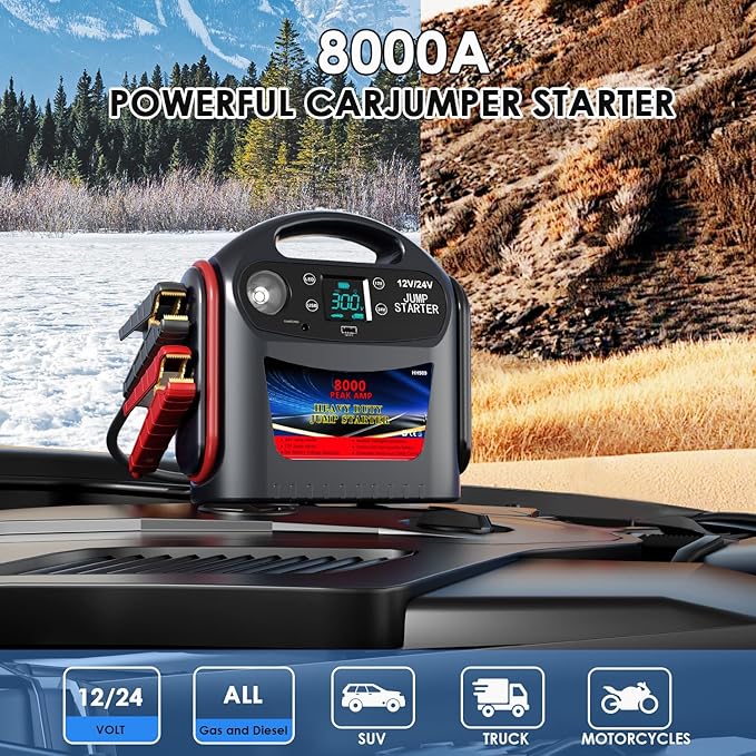 8000A Car Battery Jump Starter for All Gas/Diesel,12V/24V Jump Starter Portable for Commercial Vehicles and Diesel Engines, Heavy Duty Jump Box Power Pack with LED Light