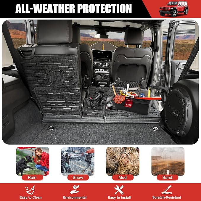 Seat Back Cover Compatible with 2018-2025 Jeep Wrangler JL Unlimited 4 Door 4X4, Cargo Mat All-Weather Protection Cargo Liner Rear Trunk Liner for 2024 Jeep Wrangler JL/JLU Accessories