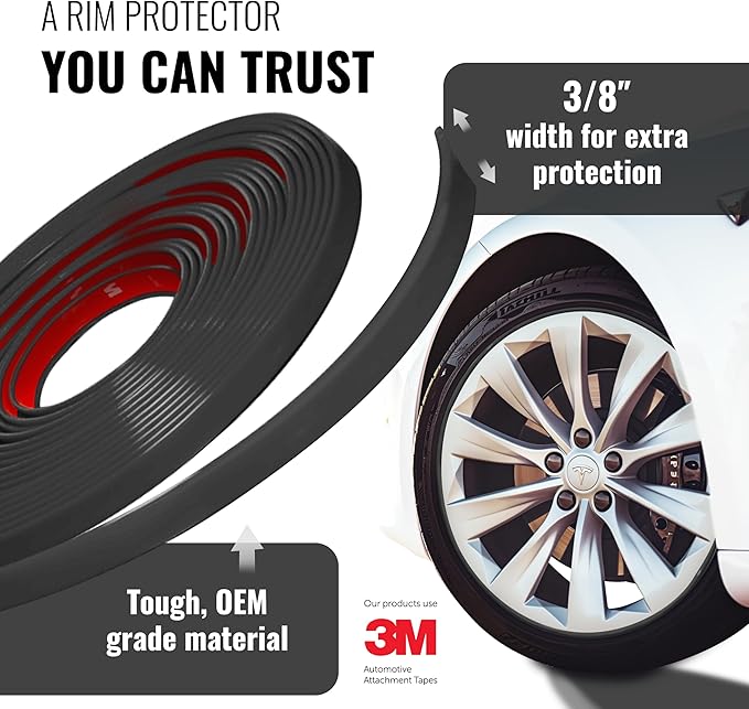 All-Fit Automotive Rim Trim – Durable DIY Car Exterior Accessories for Curb Rash Protection – Fits Up to Four 24” Wheels – Flexible, Durable Wheel Rim Protector (3/8″ width/Black)