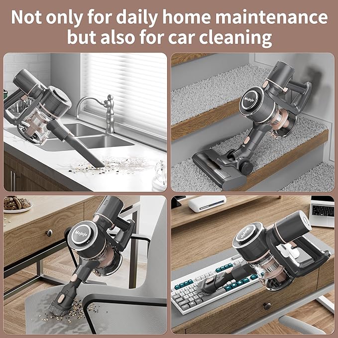 Mojojo Cordless Stick Vacuum Cleaner, 23KPa Handheld Rechargeable Battery Lightweight Small Silver Gray Electirc Broom, 55Mins Runtime for Home Hard Floor Carpet Pet Hair Cleaning