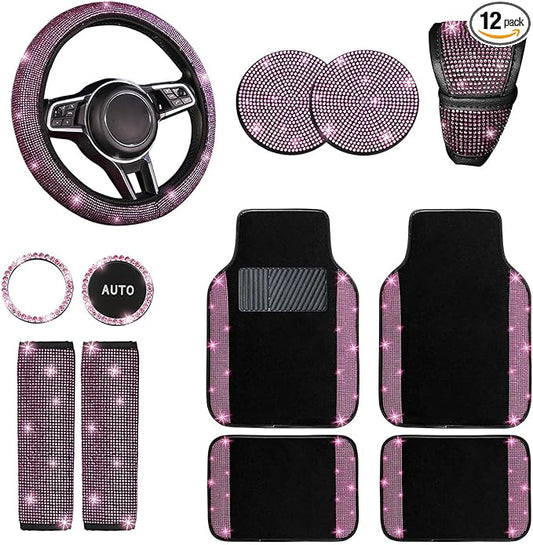 NBTEPEM 12 Pcs Bling Car Accessories Set for Women Car Floor Mats Full Set Steering Wheel Cover Seat Belt Covers Coasters Universal Fit Car SUV Truck Van Pink