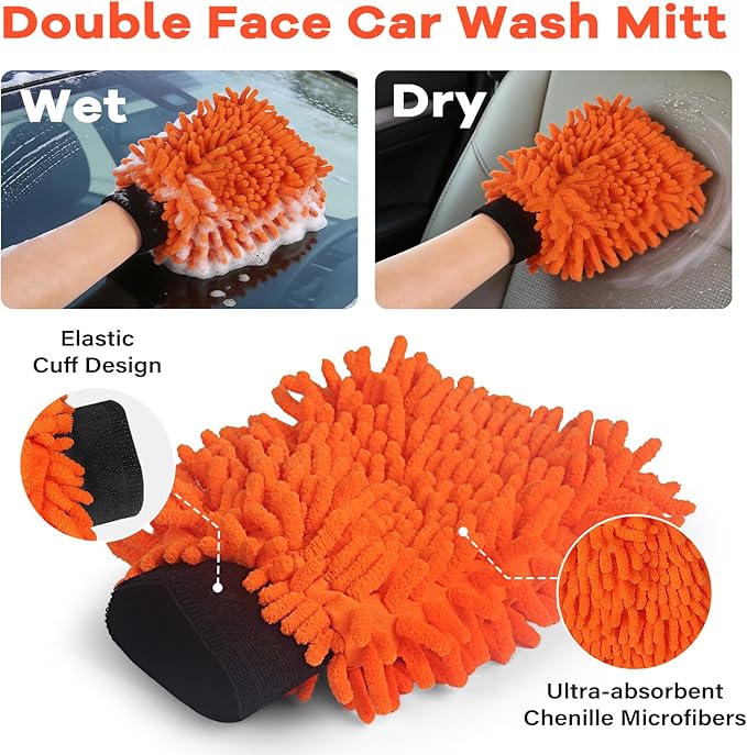 Car Wash Brush with Long Handle,144" Scratch-Free Soft Bristle Car Cleaning Kit with Extension Pole,Microfiber Clean Mop,Window Squeegee,Mitt,Wheel Brush for RV,Truck,SUV,Siding Washing