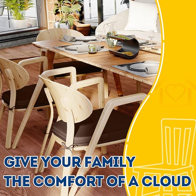 AAAAAcessories D-Shaped Chair Cushions, 2" Thick Dining Chair Pads with Ties and Removable, Machine-Washable Cover, 17" x 16", Set of 8, Brown