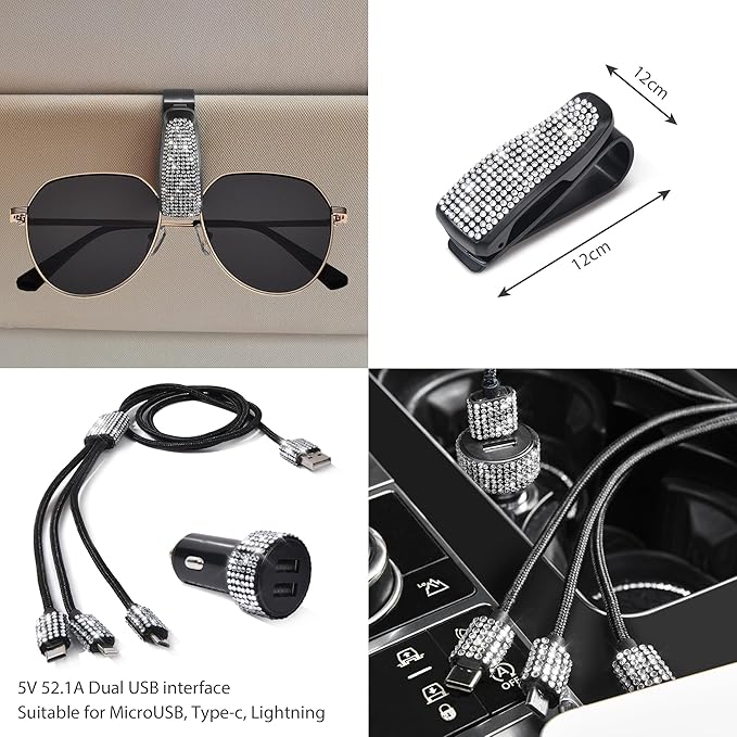 CAR PASS 34 PCS Bling Diamond Car Accessories Set for Women, Leather Car Seat Covers Steering Wheel Covers 15'', USB Charger Phone Holder Shining Rhinestone Sparkly, Cute Interior Decorations, Silver