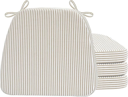 AAAAAcessories D-Shaped Chair Cushions, 2" Thick Dining Chair Pads with Ties and Removable, Machine-Washable Cover, 17" x 16", Set of 4, Natural Sand Pinstripe