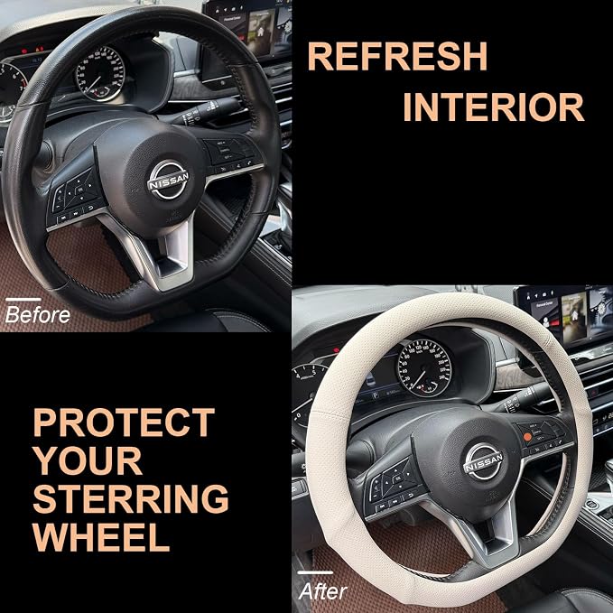 PINCTROT D Shaped Nappa Leather Steering Wheel Cover with Ergonomic Palm Support Grip, Full Perforated Breathable, Slim Fit No Bulk Design, Flat Bottom 14.5-15 Inch (Cream White)