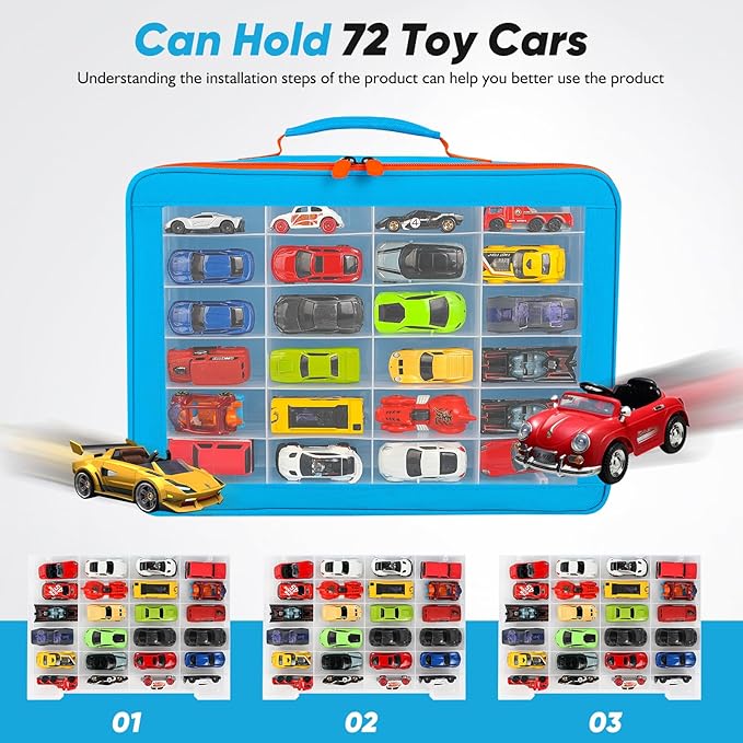 Toy Organizer.72 Compartments.Toy Storage Box Compatible With Hot wheels Cars, Matchbox Cars,Mini Toys and Small Dolls.Toy Storage Display Case With 3 Layers of Removable Trays(Blue)