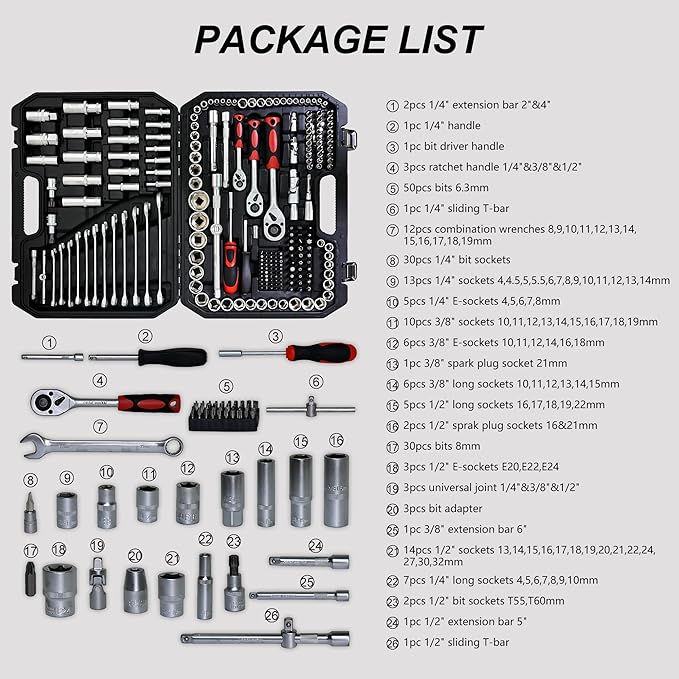 216 Piece Mechanics Tool Set, Heavy Duty Socket and Ratchet Wrench Toolbox Combo Kit, 1/4", 3/8" & 1/2" Drive Hand Tools for Auto Repair and Home Maintenance, Gifts for Men，Black