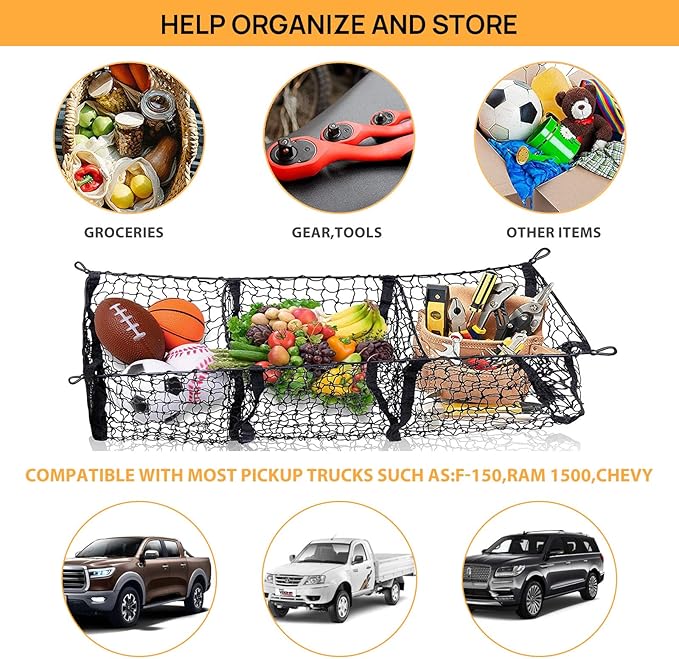 3-Pocket Truck Bed Cargo Net Organizer,Heavy Duty 51.1×15.7 Inch Mesh Storage with 4 Metal Hooks,Universal Pickup Truck Bed Accessories for Toyota,Ford,Chevy,Dodge - Grocery & Gear Holder