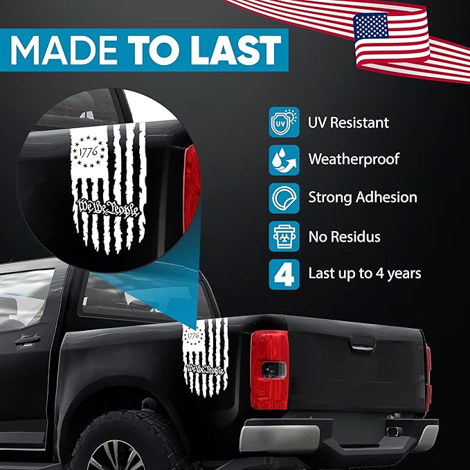 GRITKULTURE We The People Distressed American Flag Decal Vinyl for Trucks, Cars, Tailgate, Windows Preamble of The US Constitution fits Most Pickup Trucks-Rear USA Flag Car Sticker (White)