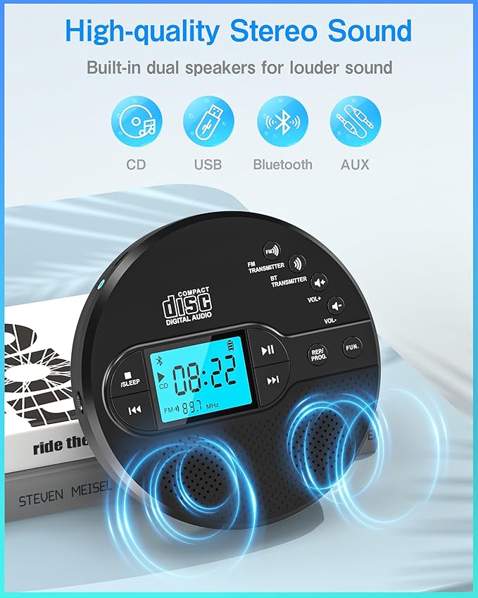 Sunoony Portable CD Player with Bluetooth, Walkman CD Player with FM Transmitter and Speakers for Car, Rechargeable Discman with Anti-Skip Protection, Headphones, LCD Display (Black)