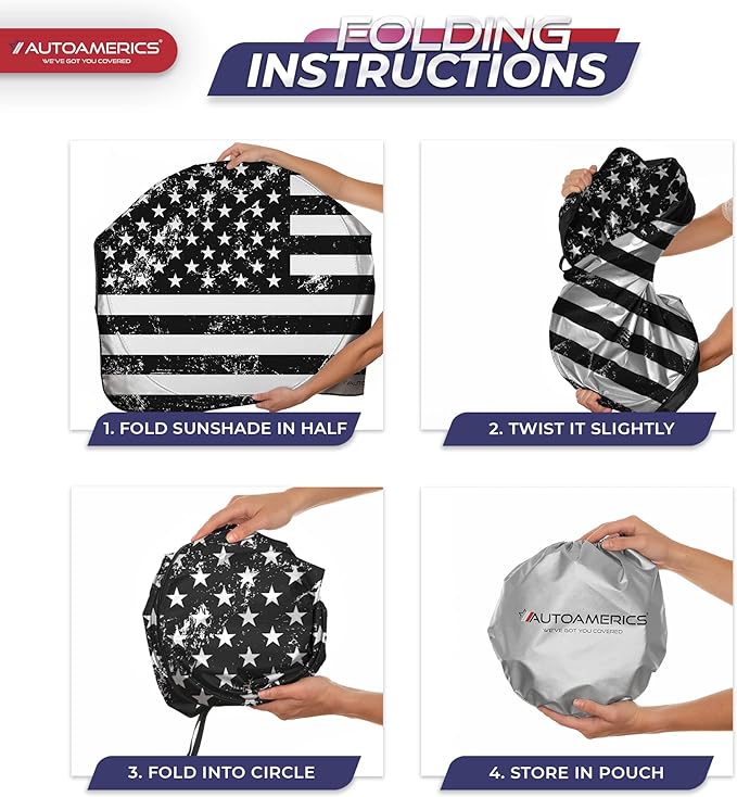 Autoamerics 1-Piece Windshield Sun Shade Grunge B&W American Flag USA Design - Foldable Car Front Window Sunshade for Most Sedans SUV Truck - Blocks Max UV Rays and Keeps Your Vehicle Cool - Large