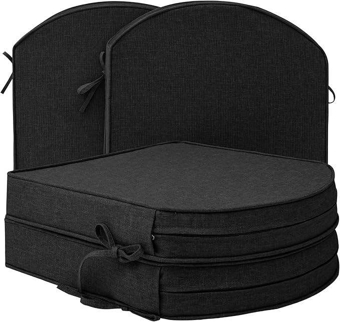 Outdoor Chair Cushions, Fade-Resistant & Water-Resistant, D Shaped Patio Furniture Seat Chair Pads Replacement with Ties, Non-Slip Bottom, Removable Cover, Set of 4, 17 x 16 Inch, Black