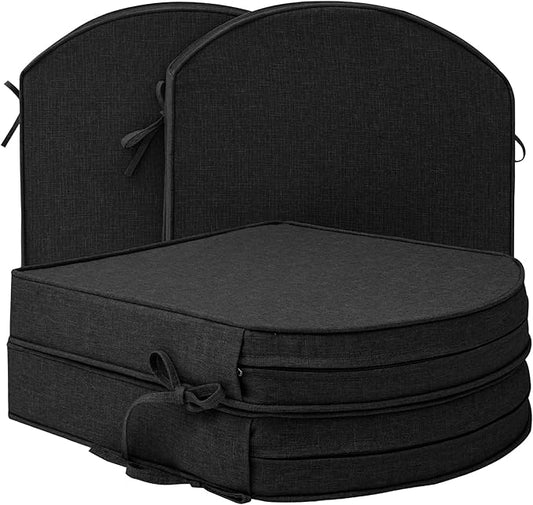 Outdoor Chair Cushions, Fade-Resistant & Water-Resistant, D Shaped Patio Furniture Seat Chair Pads Replacement with Ties, Non-Slip Bottom, Removable Cover, Set of 4, 19 x 19 Inch, Black