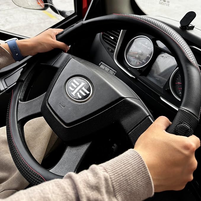 PINCTROT XL Size 17.5-18 Inch Great Grip Steering Wheel Cover for Semi Truck, Fits RV, Big Rig Trucker, 18 Wheeler and Classic Cars, Anti-Slip Design 17.5-18 Inch (Black/Red Stitch)