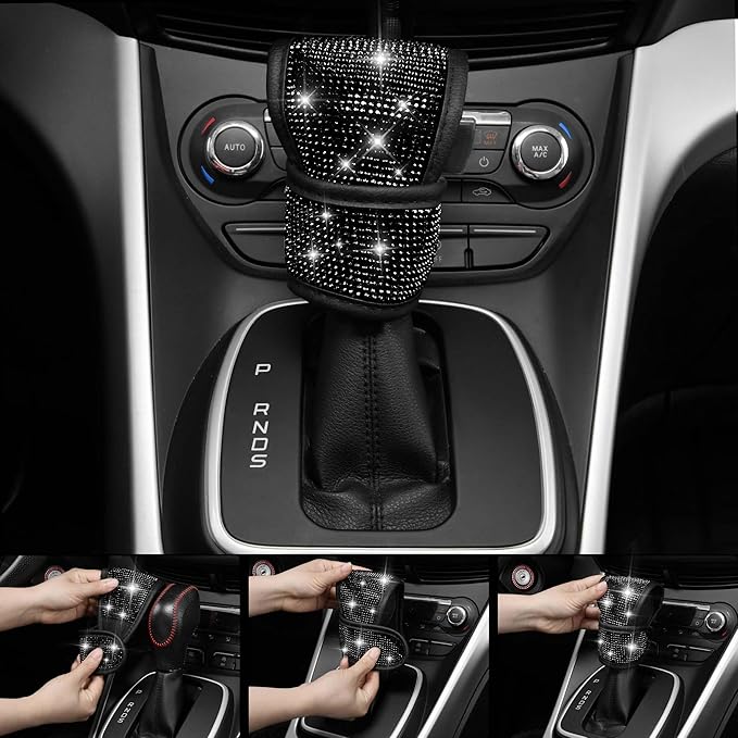 CAR PASS Bling Diamond Leather Car Seat Covers 11 PCS, Sparkly Rhinestone Steering Wheel Cover Glitter Cute Interior Car Accessories Sets Seat Belt Cushion Cup Holder Coaster Women Girl, Black Diamond
