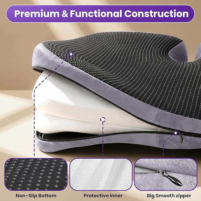 ZZ-WELL Seat Cushions for Office Chairs - Coccyx Cushion for Tailbone Pain Pressure Relief - Memory Foam Butt Pillows for Long Sitting - Patented Design, Extra Large & Thick, 21.2 Inches (Light Grey)