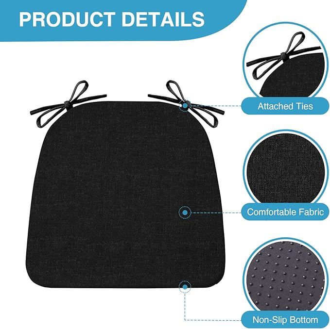 IASEAHK Chair Cushions for Dining Chairs Set of 6, Non Slip Kitchen Chair Pads, 17" x 16" x 2", Indoor Dining Chair Cushions with Ties, D-Shaped Seat Cushions for Kitchen Chairs, Black