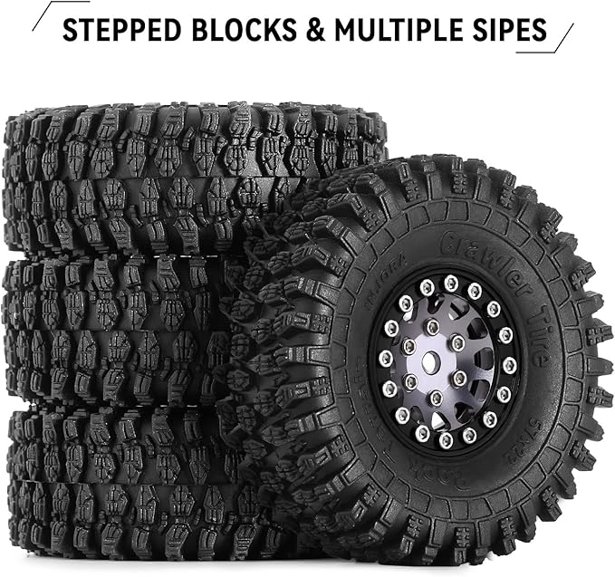 INJORA 1.0 Beadlock Wheel S5 Super Soft Sticky Crawler Tires for TRX4M Axial AX24 SCX24 FCX24 Enduro24 Upgrade, 57 * 22mm(Black&Grey)