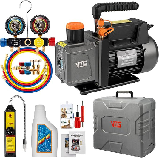 VTG VOGTEN 4.5 CFM AC Vacuum Pump and Gauge Set,for Mini Split/HVAC/Auto Systems,Manifold Gauge Kit Fits R134a R22 R410a,with Leak Detector,Upgraded Trifold Storage Case,4 Hoses,2 R134a Can Taps