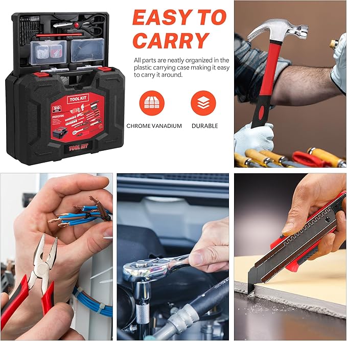 500-Piece Home Repair Tool Set with Drawer Toolbox – Comprehensive Household & Auto Maintenance Kit for DIY Enthusiasts, Homeowner, Handyman (500 PCS Black+Red)