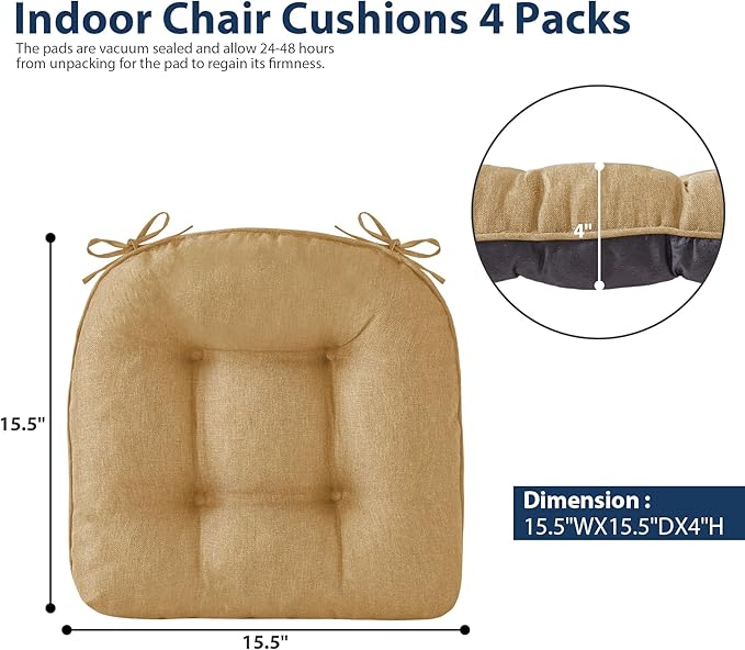 IASEAHK Chair Cushions for Dining Chairs, Seat Cushions for Kitchen Chairs, Indoor Seat Cushions with Ties, Tufted Foam Chair Pads, Non Slip Chair Cushions Set of 4, 15.5" x 15.5" x 4", Khaki