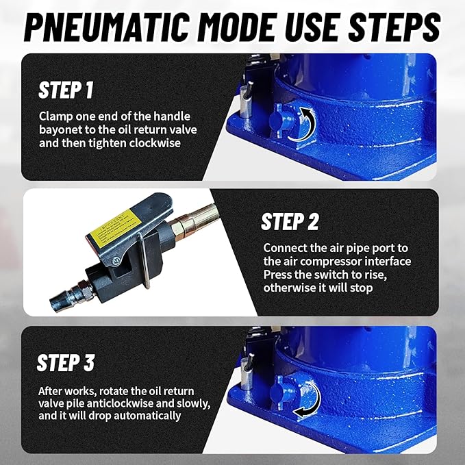 32 Ton Air Hydraulic Bottle Jack with Air-Powered or Manual Operation, One-Piece Hydraulic Cylinder Design, Air Bottle Jack with Independent Air Pump Body and Carry Handle