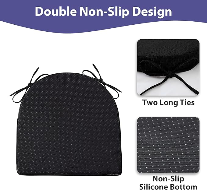 IPYNBAP Chair Cushions for Dining Chairs, Kitchen Chair Cushions, 16'' x 16'' x 2'', Non Slip Indoor Seat Cushions, Chair Pads for Dining Chairs with Ties & Removable Cover, Set of 4, Black
