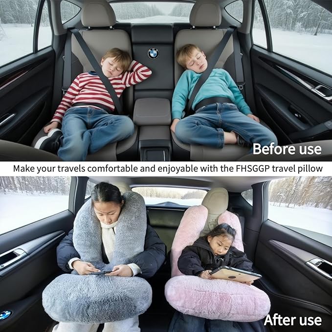 FHSGGP Travel Pillow Car Travel Sleep Support Pillow 2-in-1 Lap Pillow and Car Pillow with Neck and Body Support for Adults and Kids on Long Trips Kids Travel Pillow Brown
