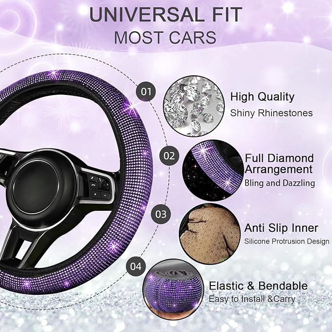NBTEPEM 8 pcs Bling Car Accessories Set for Women, Steering Wheel Cover, Sparkly Seat Belt Covers, Bling Gear Shift Cover, Universal Fit Most Cars (Purple Violet Diamond)