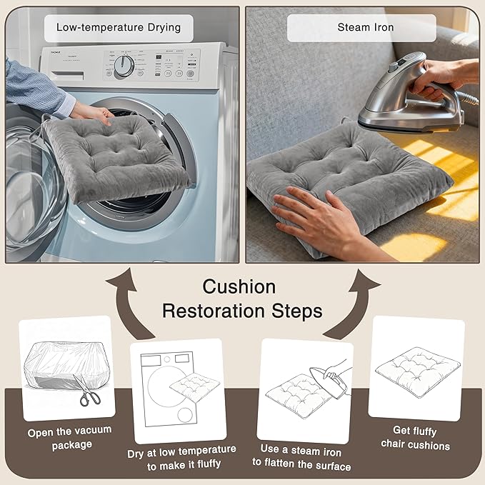 OVOV 2 Pack Chair Cushions for Dining Chairs Soft Seat Cushions for Kitchen Desk Chairs Square Chair Pads with Ties (15.5"x15.5" Light Grey)