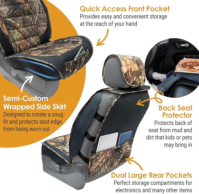 Mossy Oak Heavy Duty Premium Truck Seat Covers for Front Seats, Fits Full-Size Truck SUV, Padded Seat Cover with Bottom Wrap-around, Front & Rear Storage Pockets,Front Seat Protector, Waterproof, 2 pc
