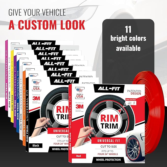 All-Fit Automotive Rim Trim – Durable DIY Car Exterior Accessories for Curb Rash Protection – Fits Up to Four 24” Wheels – Flexible, Durable Wheel Rim Protector (3/8″ width/Red)